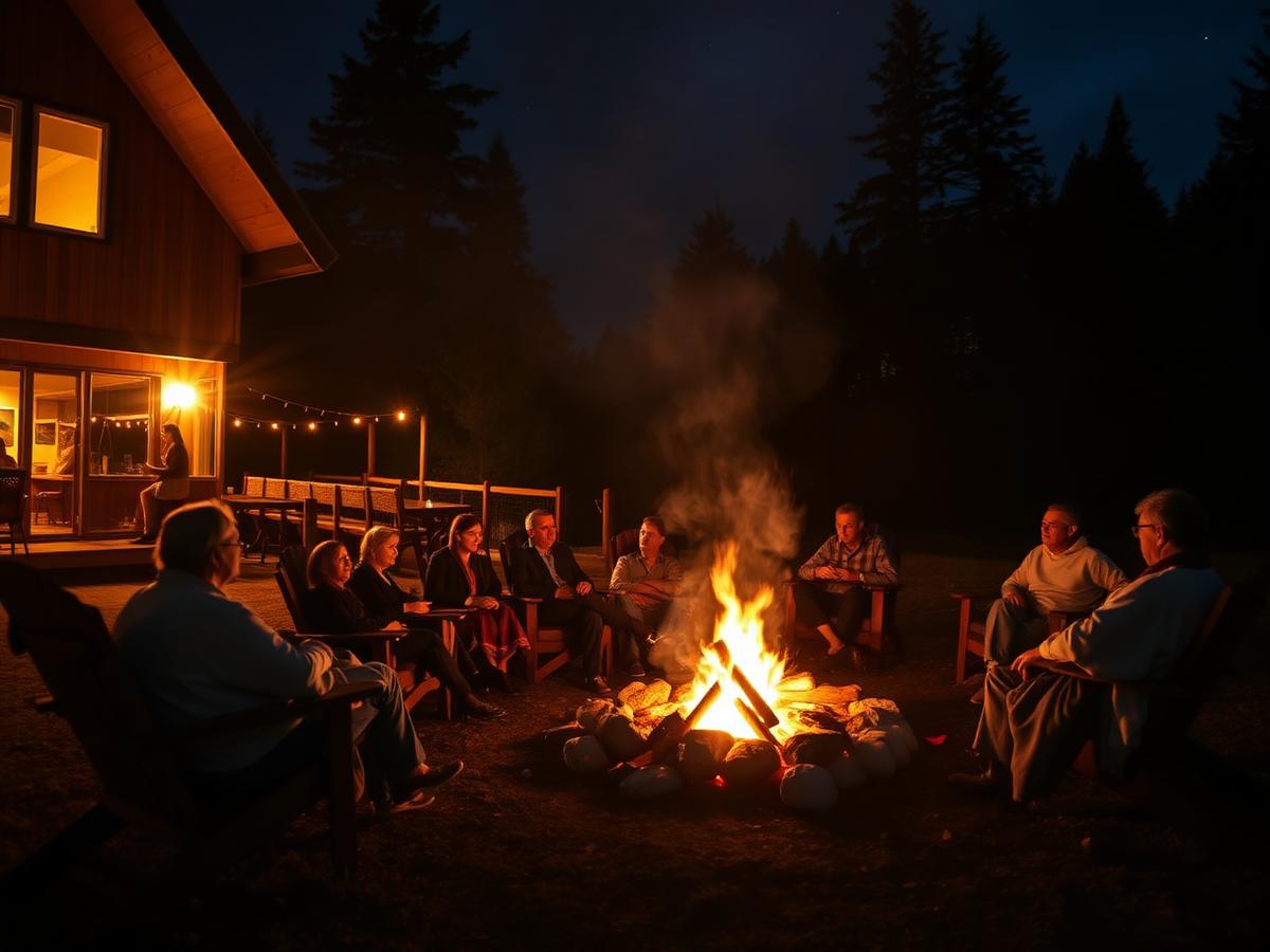 Guests gathered around an evening bonfire at a mountain property