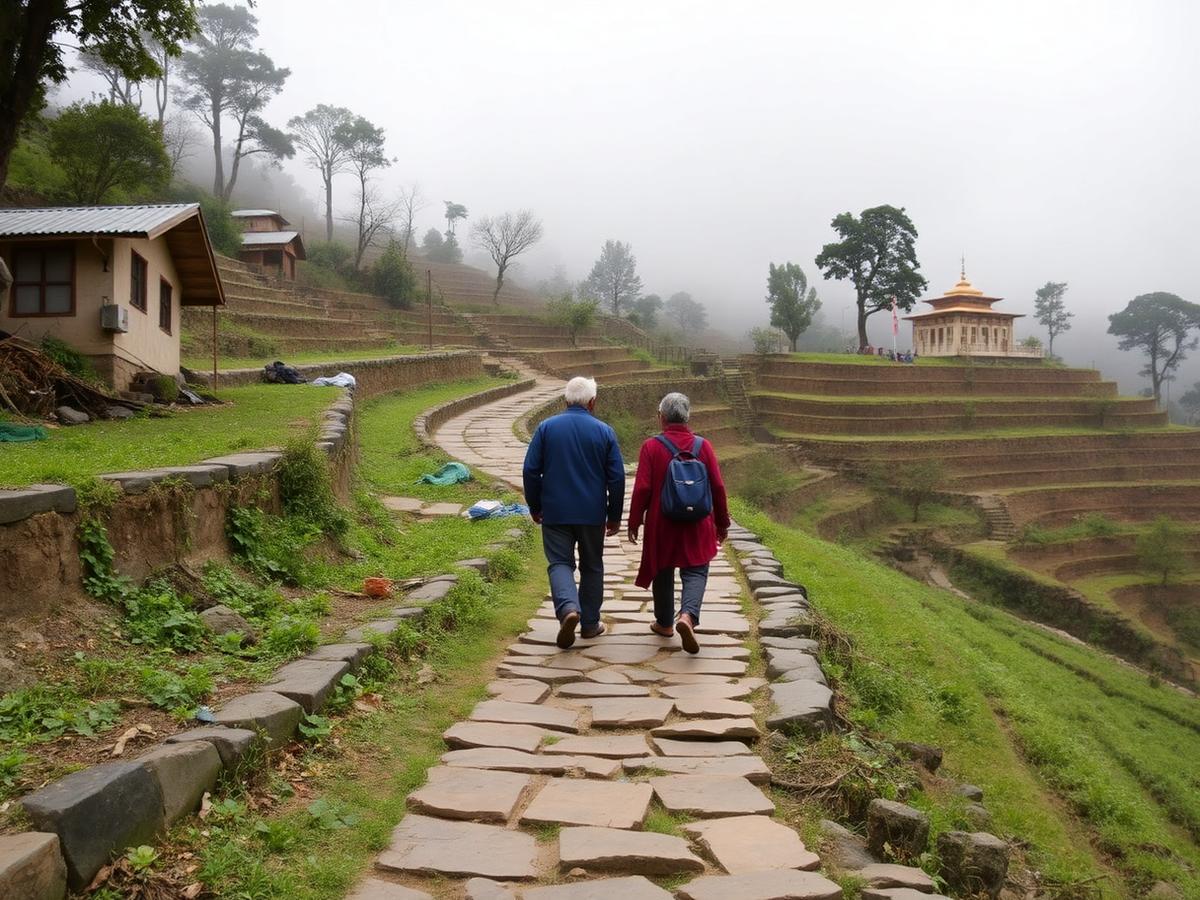 Two guests walking a stone village path through terraced Himalayan fields